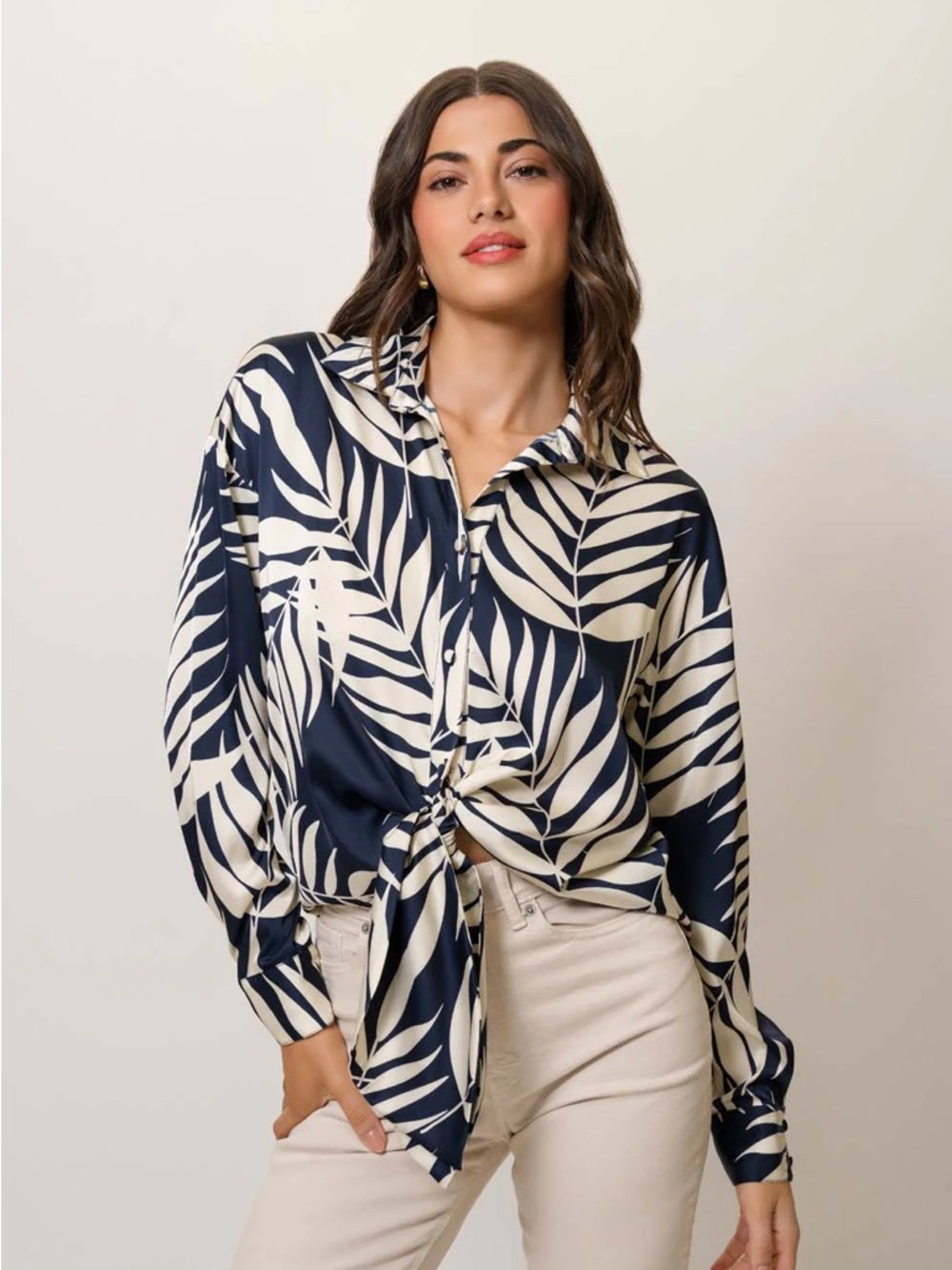 Hutch Navy and Cream Palm-Print Tie-Front Button Shirt